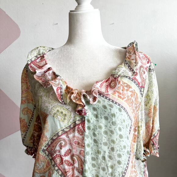Olivia Martin Sheer Paisley Ruffle Top Y2K Boho Indie Vintage Festival XL - Picture 2 of 6